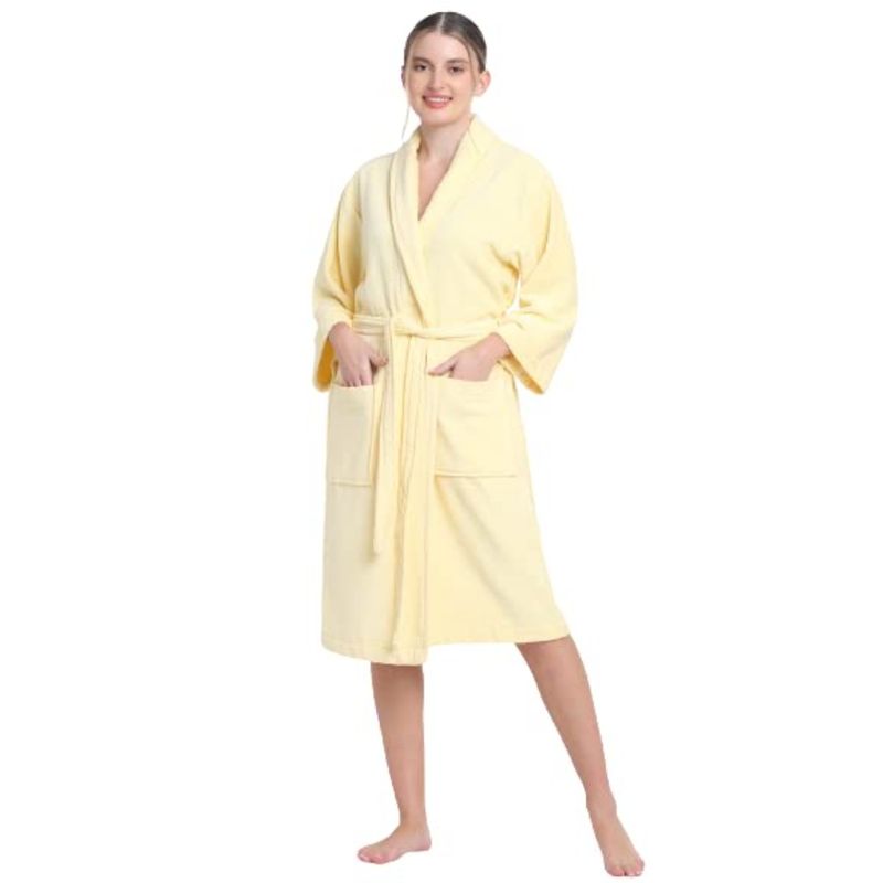 Creeva Yellow Solid 100% Cotton Bath Robe (M)