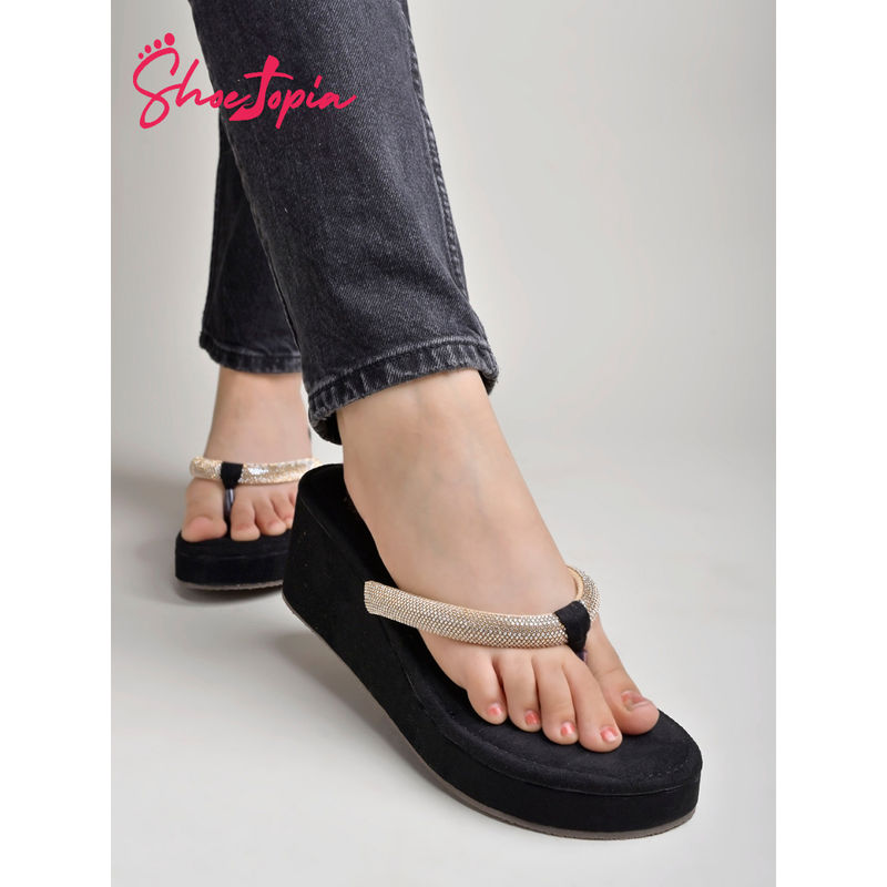 Shoetopia Rhinestones Strap Detailed Golden and Black Wedges For Women and Girls (EURO 38)