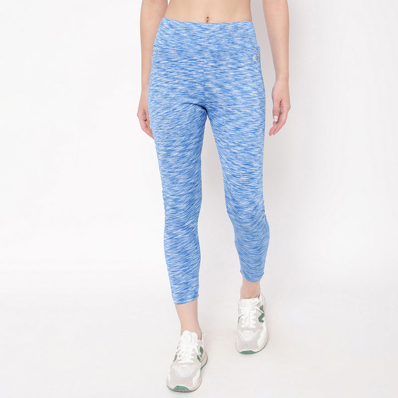 Clovia High-Rise Ankle Length Active Tights in Baby Blue Melange with Side Pocket (L)