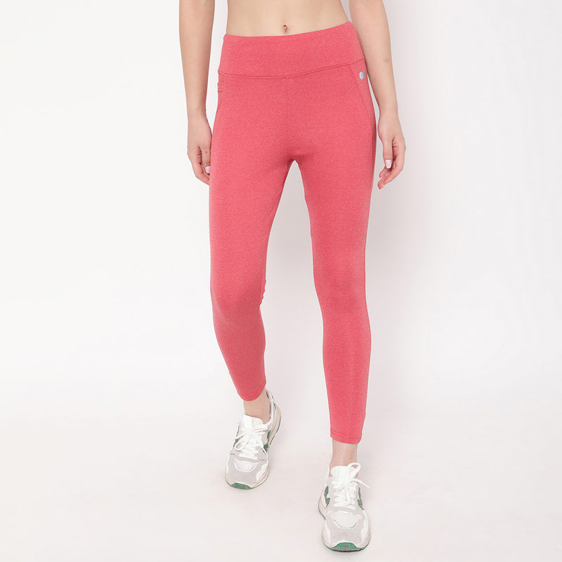 Clovia High-Rise Full Length Active Tights in Coral Melange with Side Pocket (S)
