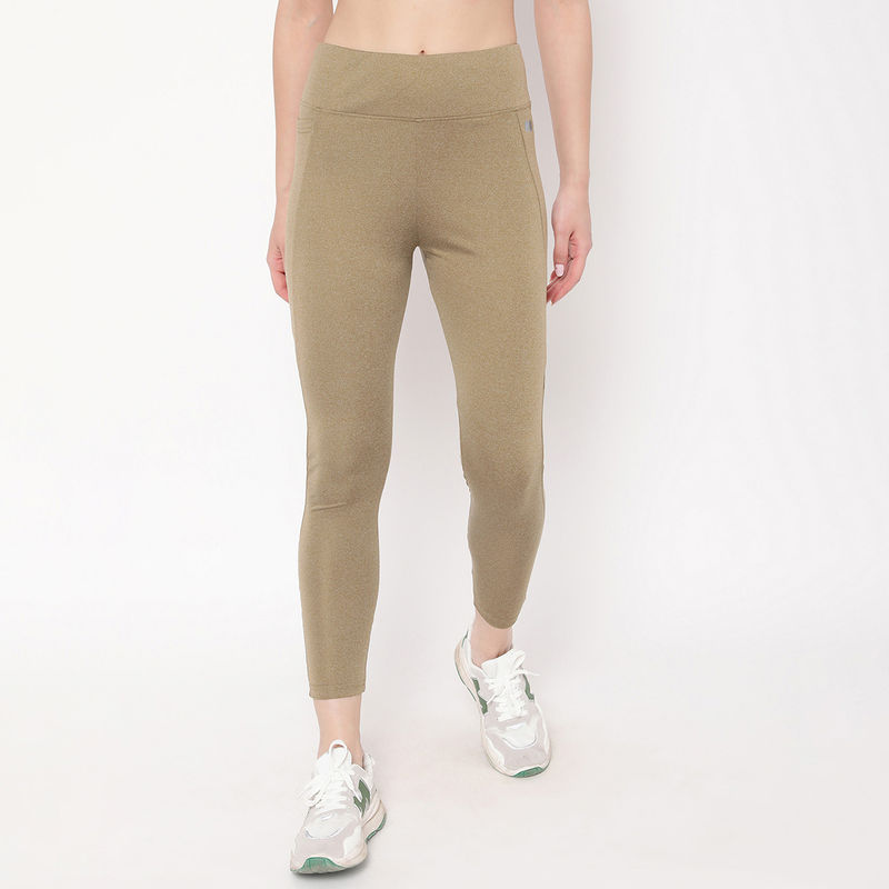 Clovia High-Rise Full Length Active Tights in Olive Green Melenage with Side Pocket (M)