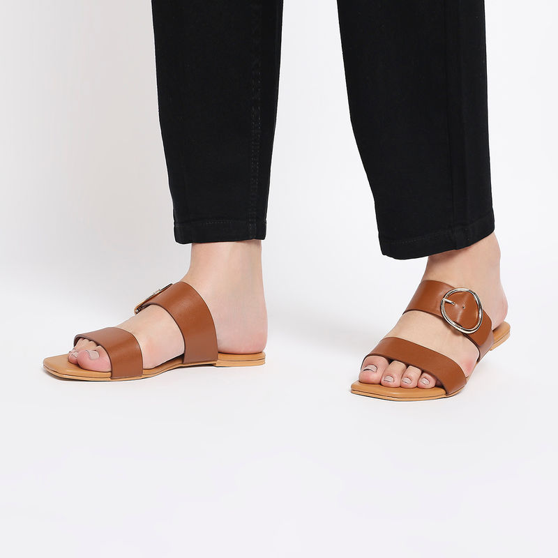 Twenty Dresses by Nykaa Fashion Tan The Buckle Hustle Sliders (EURO 36)
