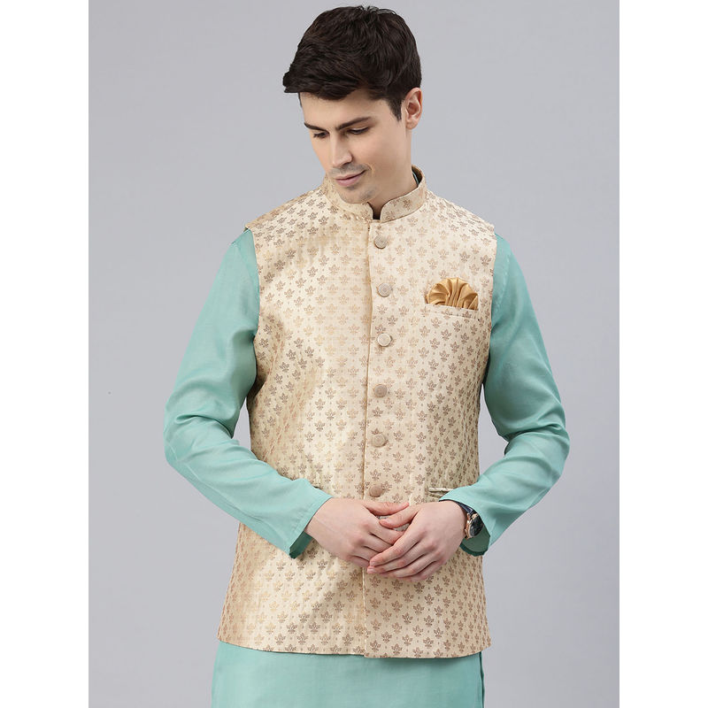 Manthan Beige Art Silk Woven Design Nehru Jacket for Men (L)