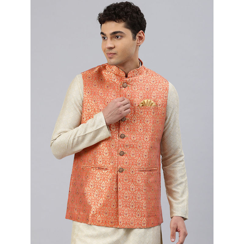 Manthan Orange Art Silk Woven Design Nehru Jacket for Men (2XL)