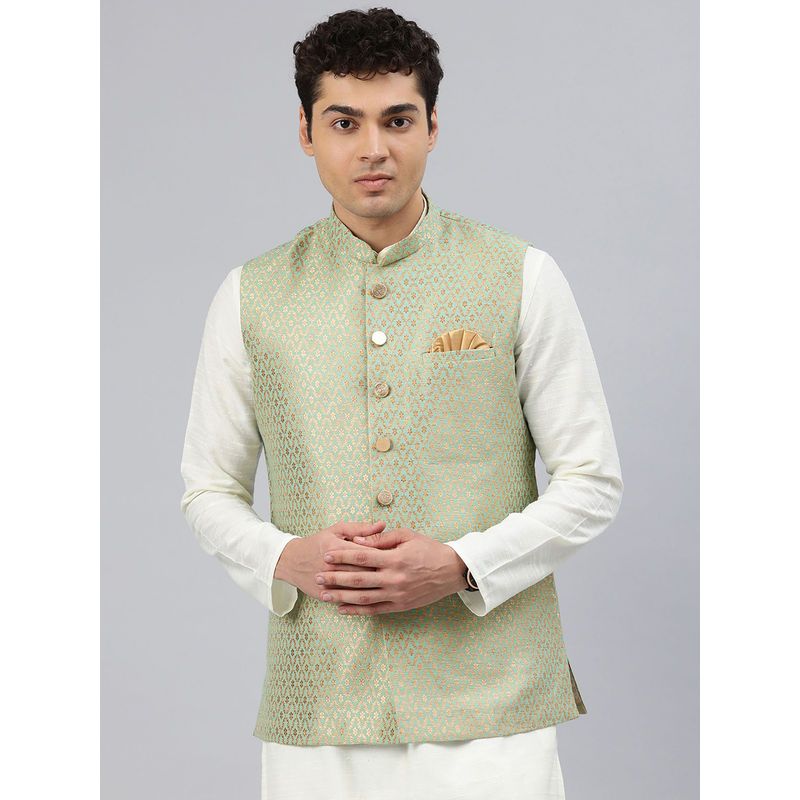 Manthan Green Art Silk Woven Design Nehru Jacket for Men (L)