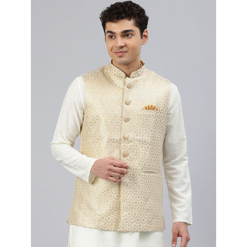 Manthan Cream Art Silk Woven Design Nehru Jacket for Men (L)