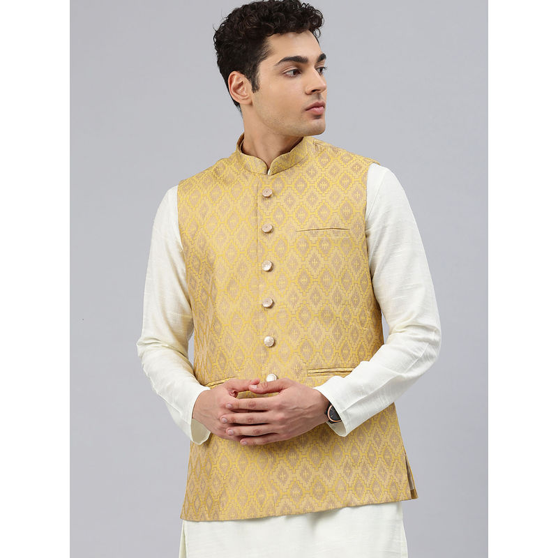 Manthan Yellow Art Silk Woven Design Nehru Jacket for Men (M)