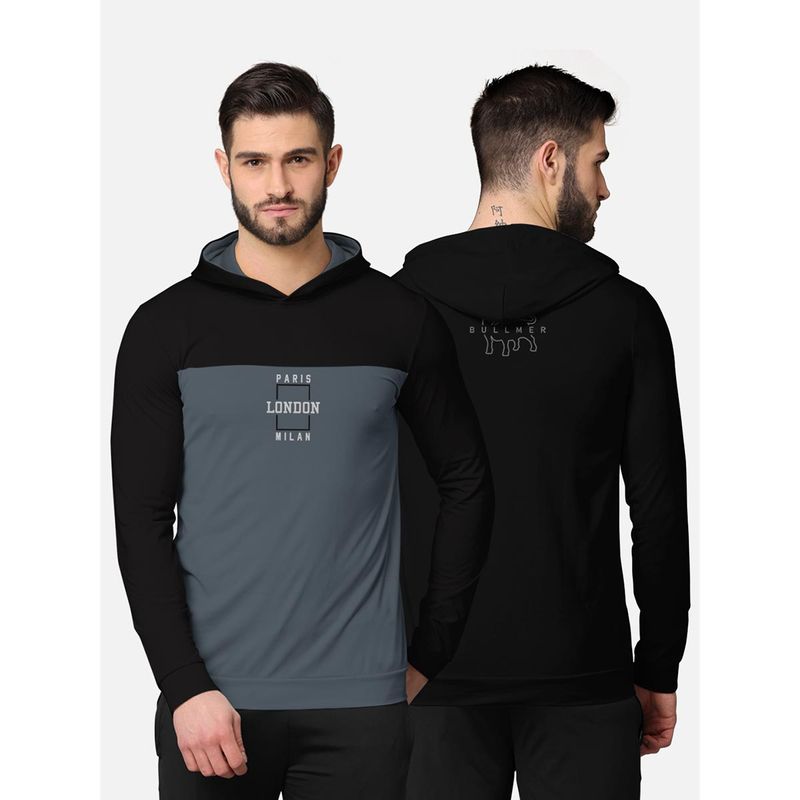 BULLMER Colorblock Full Sleeve Hooded T-Shirt for Men Black and Grey (L)