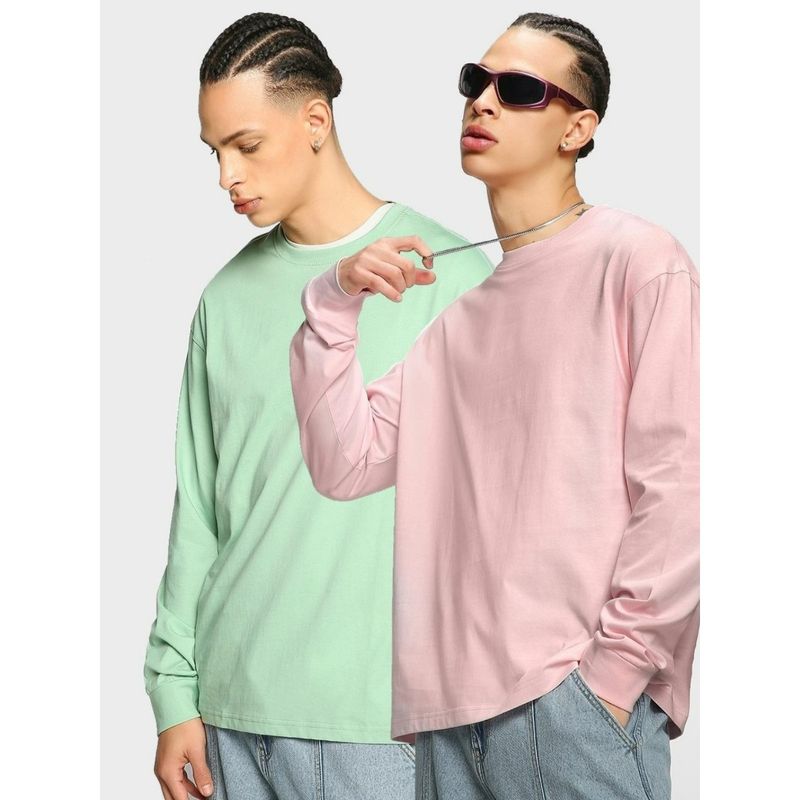 Bewakoof Men's Pack of 2 Men's Bird Egg Green & Pink Oversized T-shirt (S)