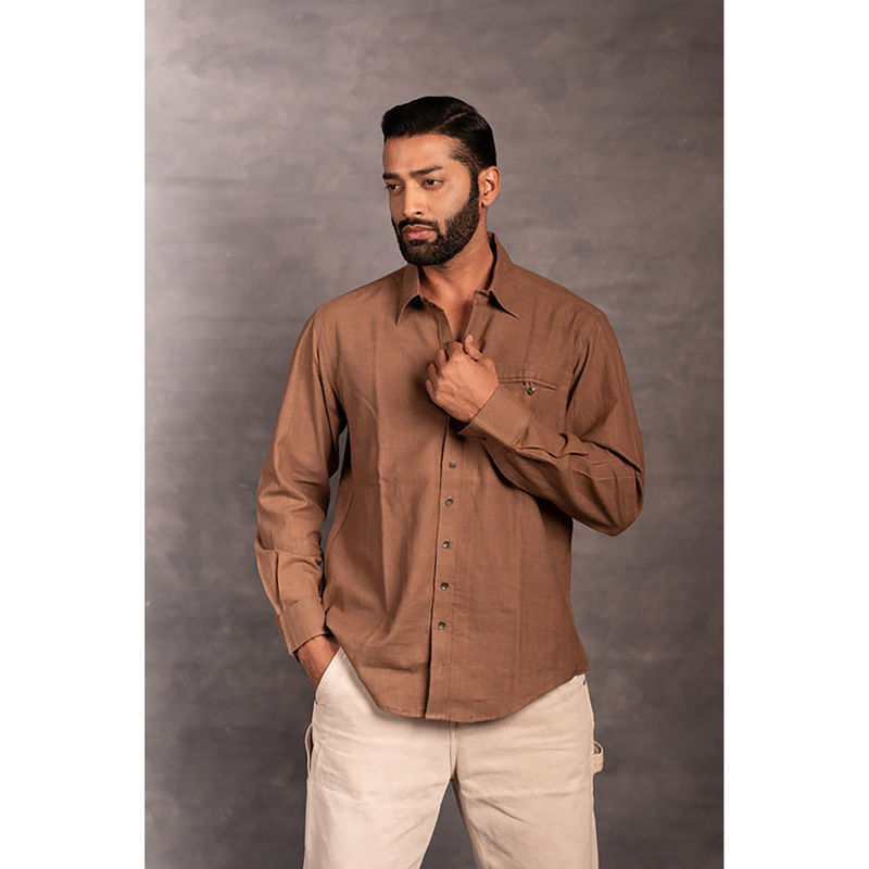 Thread Game Men Khadi Brown V-Neck Shirt (S)