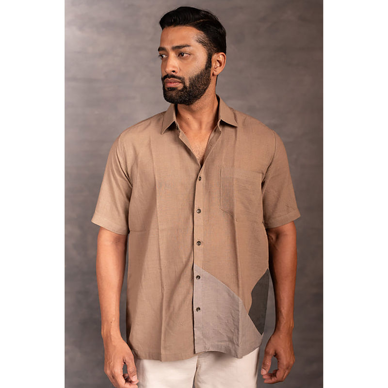 Thread Game Men Khadi Beige Collar Neck Shirt (S)