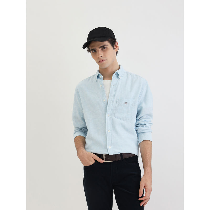 GANT Men Blue Solid Button-Down Collar Short Sleeves Shirt (46)