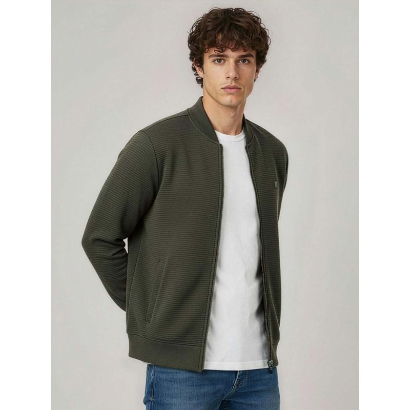 DaMENSCH Men Green Soft Ribbed Textured Ottoman Bomber Jacket (M)