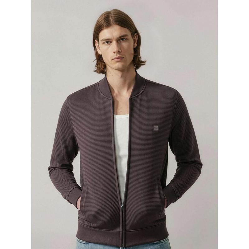 DaMENSCH Men Mauve Soft Ribbed Textured Ottoman Bomber Jacket (L)