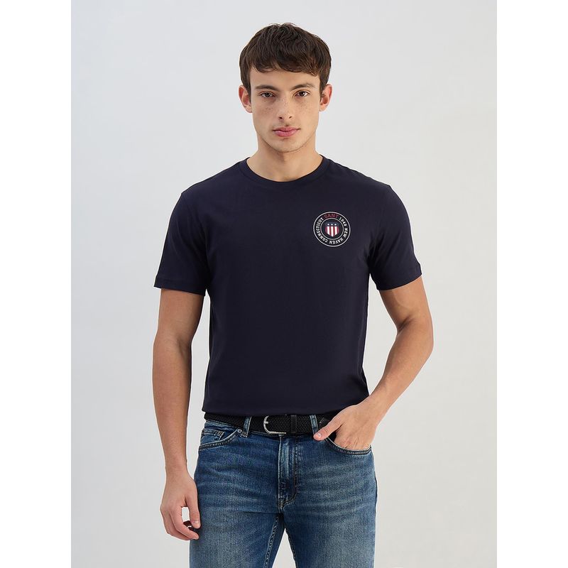 GANT Men Navy Blue Solid Round Neck Regular Fit T-Shirt (S)