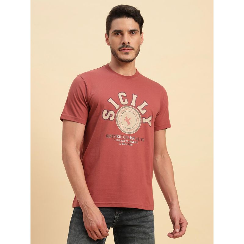 Cantabil Brown Regular Fit Printed T-Shirt (M)