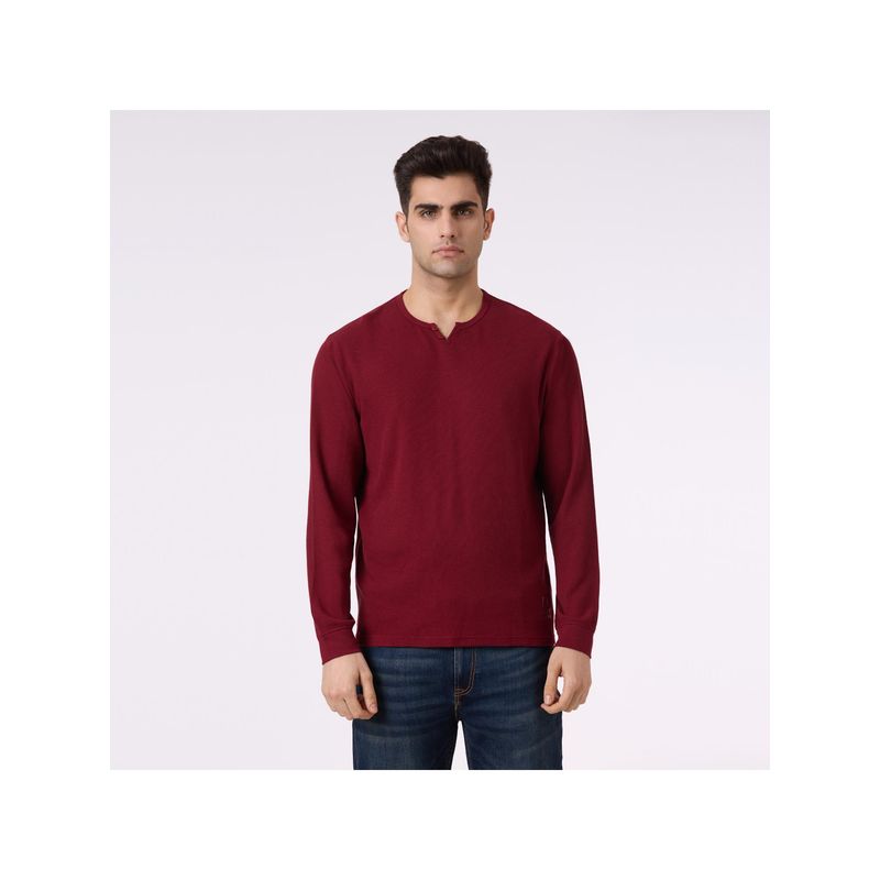 Pepe Jeans Men Burgundy V-Neck Full Sleeve T-Shirt (M)