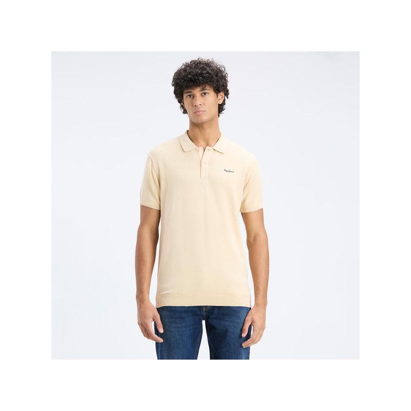 Pepe Jeans Men Ivory Ribbed Collar Short Sleeve Flat Knit Polo (S)