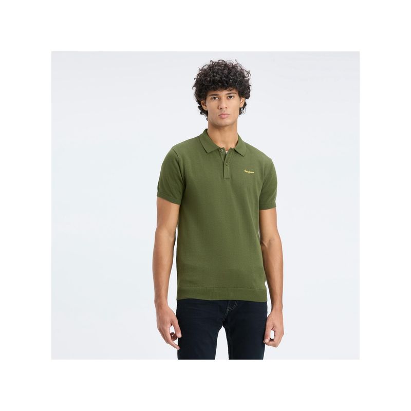 Pepe Jeans Men Olive Ribbed Collar Short Sleeve Flat Knit Polo (S)