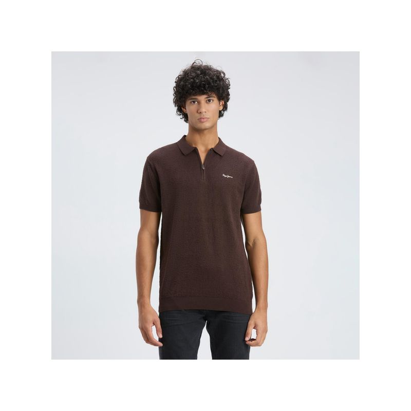 Pepe Jeans Men Dark Brown Short Sleeve Flat Knit Polo (M)