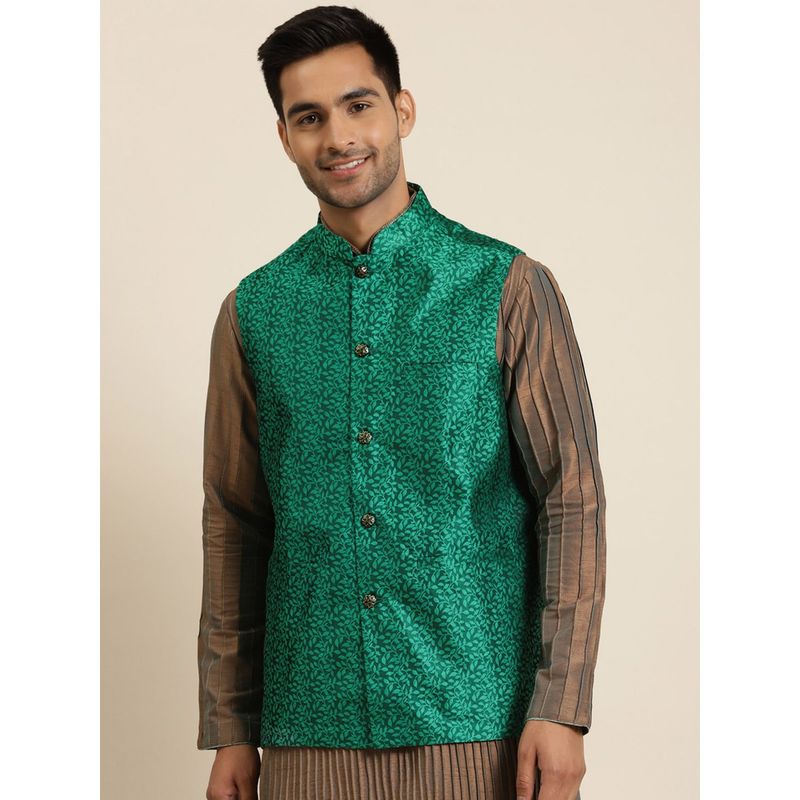 SOJANYA Jacquard Silk Dark Green Self Design Only Nehru Jacket (S)