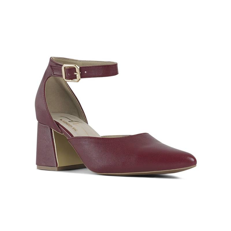 London Rag Burgundy Women Pointy-Toe Flared Block Sandal Heels (EURO 38)