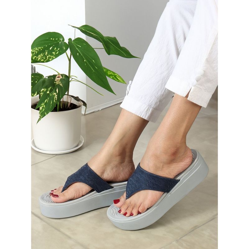 Elle Navy Blue Slip On Embellished Comfortable Sandal (EURO 36)