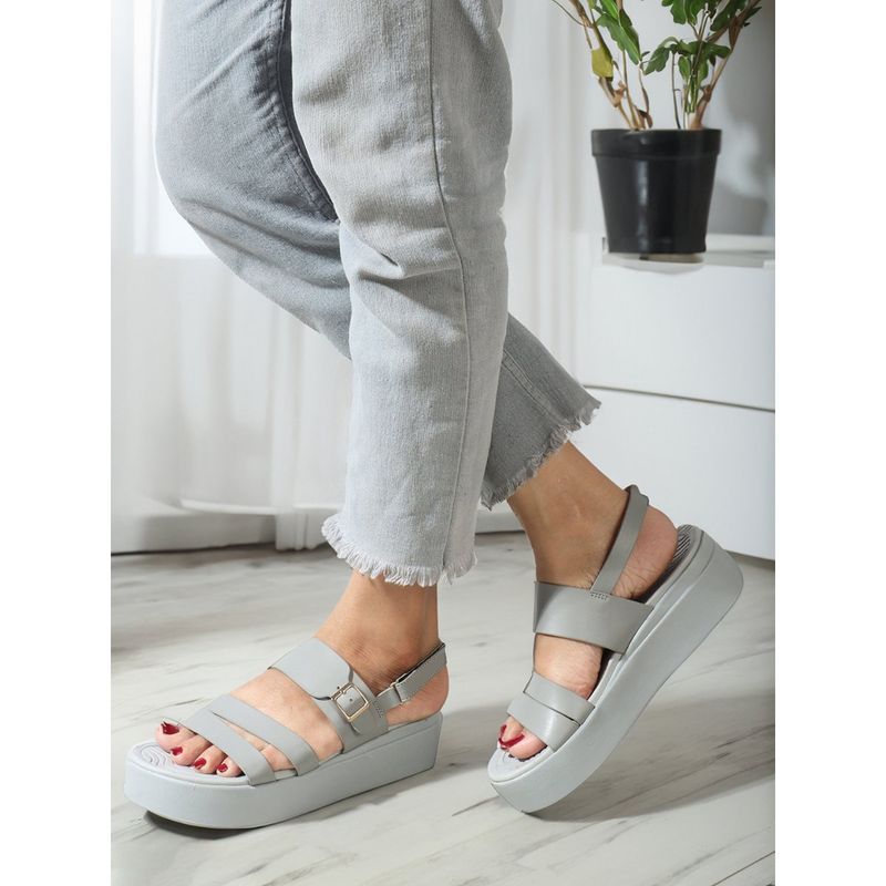 Elle Grey Hook & Loop Solid Comfortable Sandal (EURO 38)