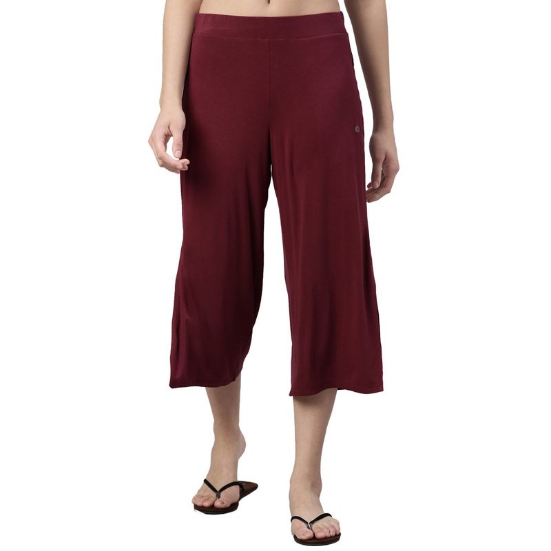 Enamor E064 Mid-Rise Shop in Culottes for Women with Side Slits - Maroon (L)