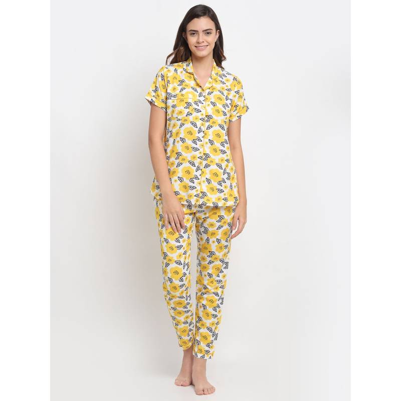 AOBA Women White & Yellow Printed Printed Pyjamas Set (S)