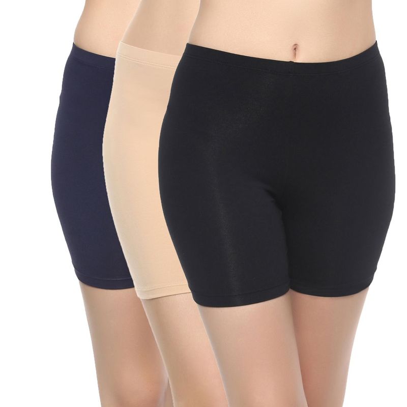 SOIE Mid Rise Breathable Cotton Spandex Knee Length Cycling Shorts-Pack of 3-Multi-Color (M)