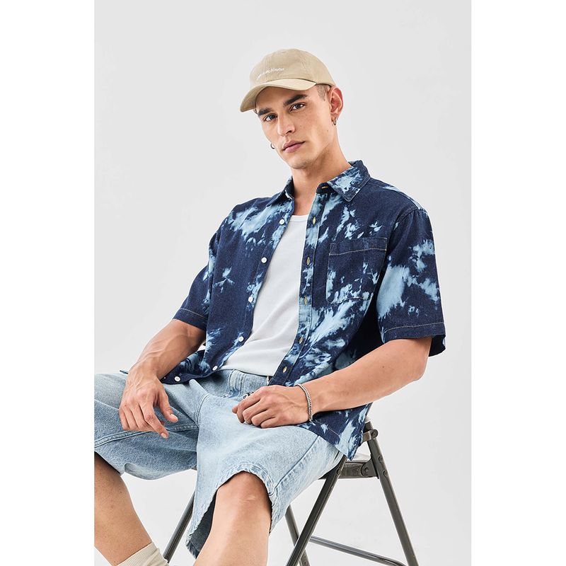 Snitch Indigo Tie and Dye Half Sleeves Oversized Casual Shirt for Men (S)