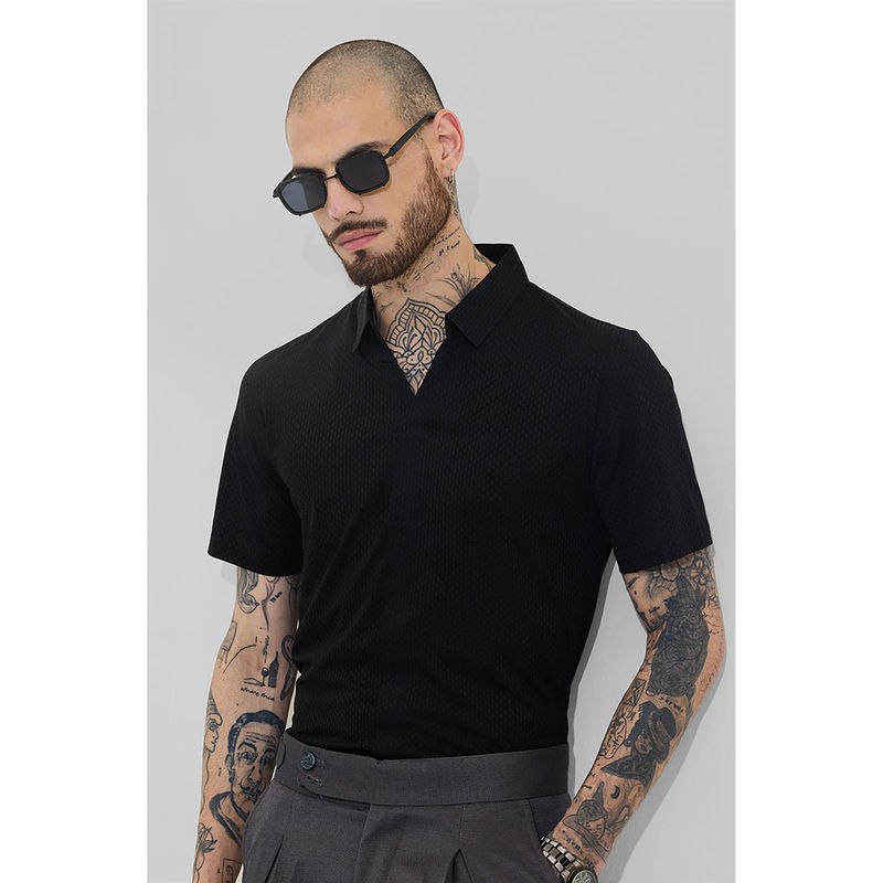 Snitch Men Black Textured Slim Fit Polo T-Shirt (XS)