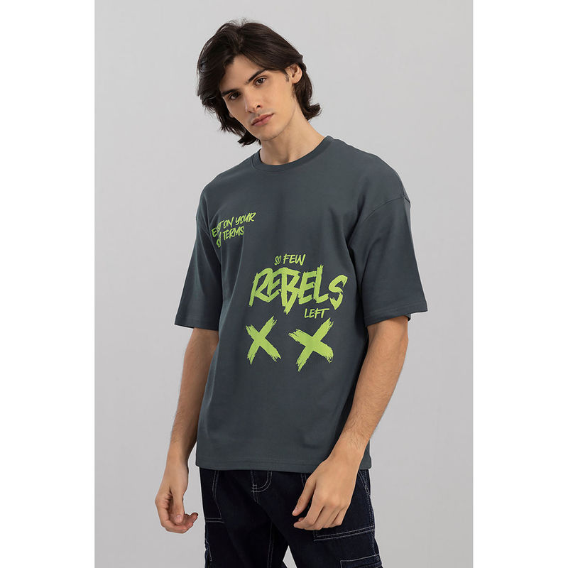 Snitch Men Grey Graphic Oversized Fit T-Shirt (S)