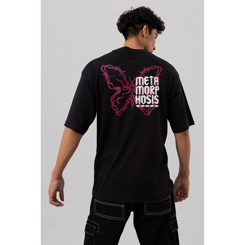 Snitch Men Black Printed Oversized Fit T-Shirt (L)