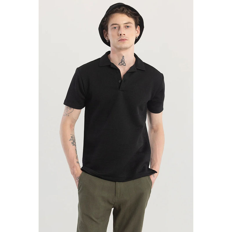 Snitch Men Black Textured Regular Fit Polo T-Shirt (S)