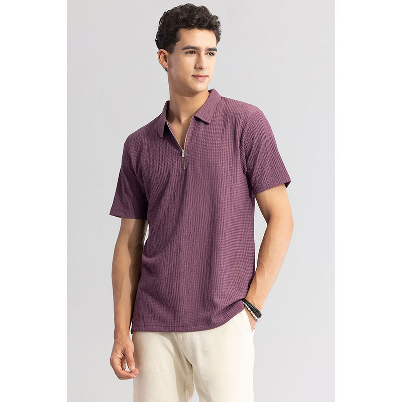 Snitch Men Mauve Textured Slim Fit Polo T-Shirt (L)