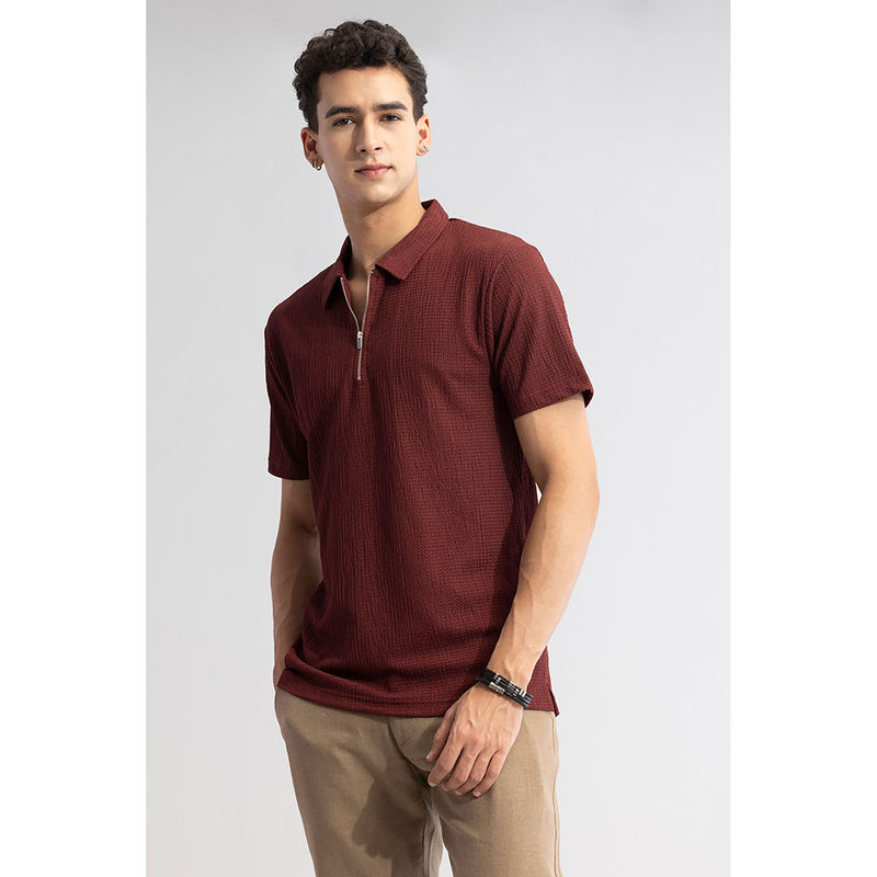 Snitch Men Maroon Textured Slim Fit Polo T-Shirt (M)