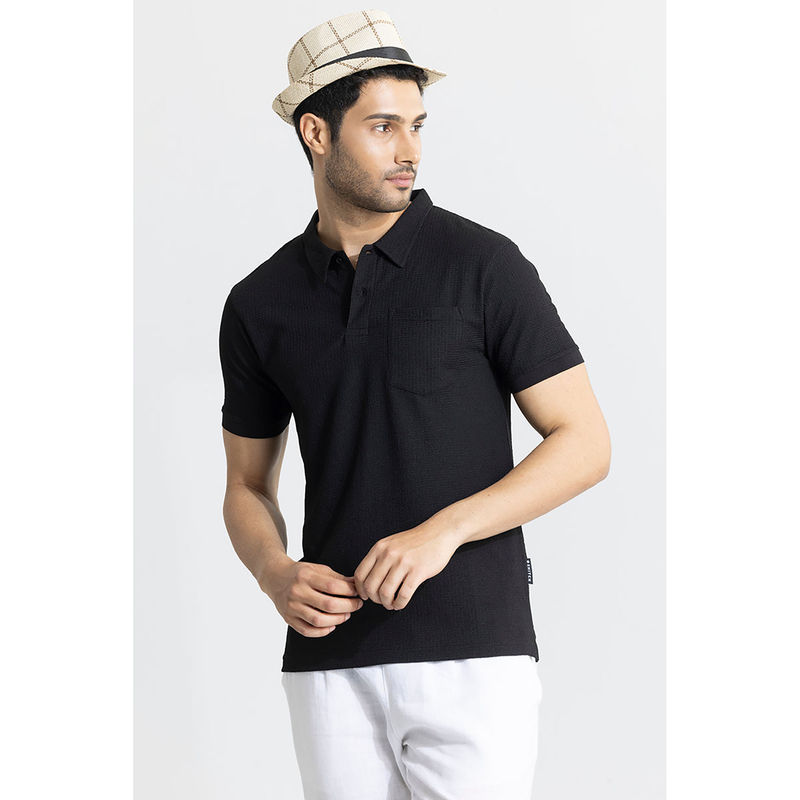 Snitch Men Black Textured Slim Fit Polo T-Shirt (2XL)