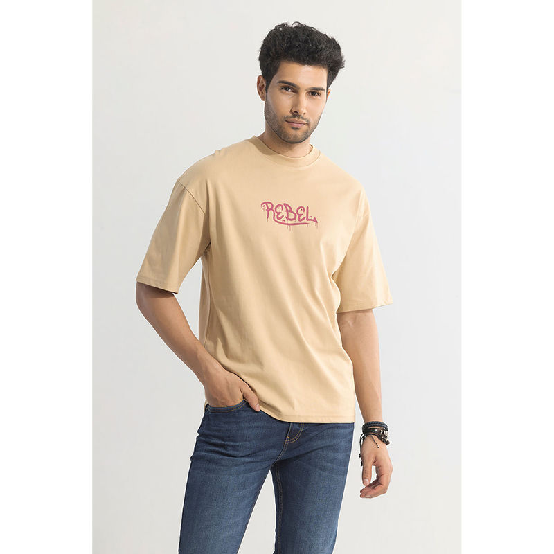 Snitch Men Beige Graphic Oversized Fit T-Shirt (M)