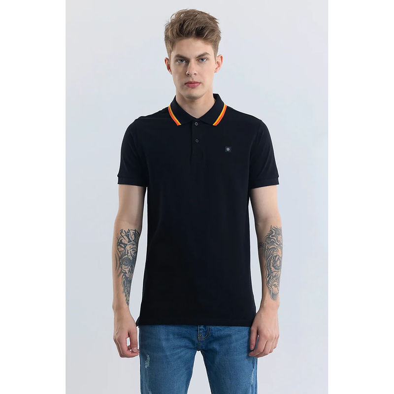 Snitch Men Black Solid Slim Fit Polo T-Shirt (S)