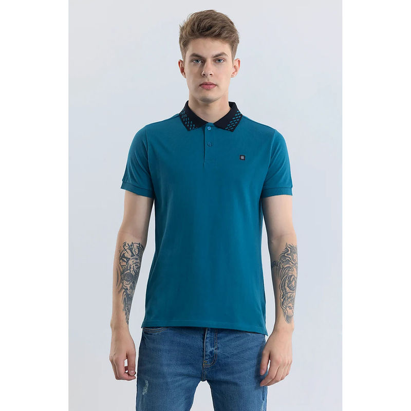 Snitch Men Teal Solid Slim Fit Polo T-Shirt (S)