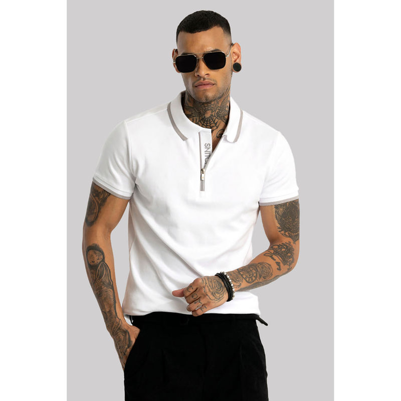 Snitch Men White Solid Slim Fit Polo T-shirt (M)