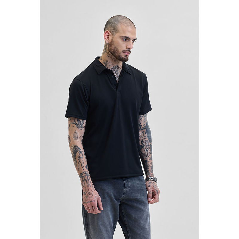 Snitch Men Black Textured Slim Fit Polo T-shirt (XL)