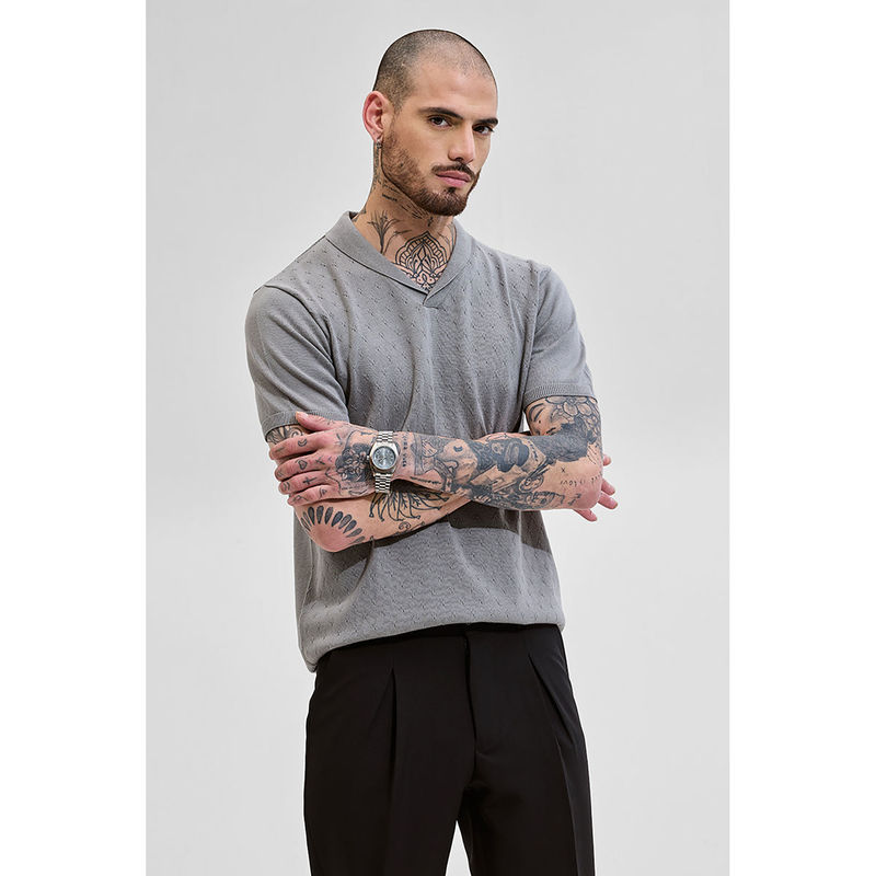 Snitch Men Grey Self Design Slim Fit Polo T-Shirt (2XL)