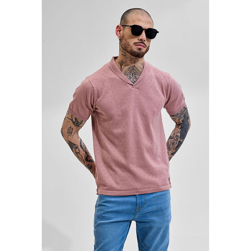 Snitch Men Pink Self Design Slim Fit Polo T-Shirt (M)