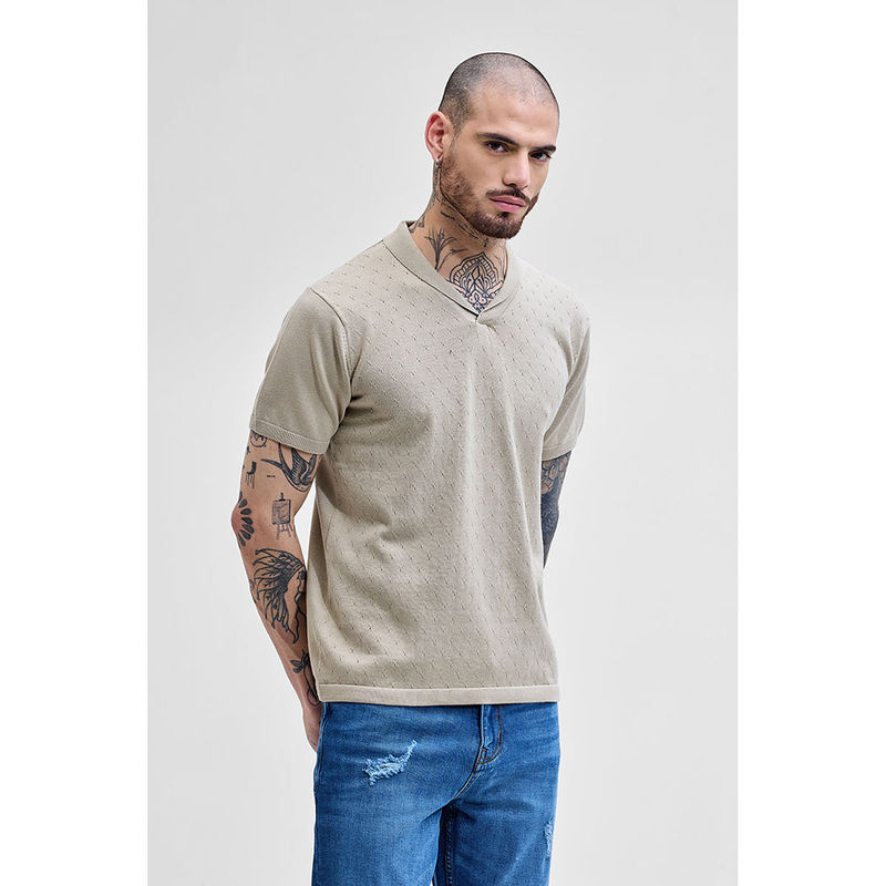 Snitch Men Beige Self Design Slim Fit Polo T-Shirt (XS)