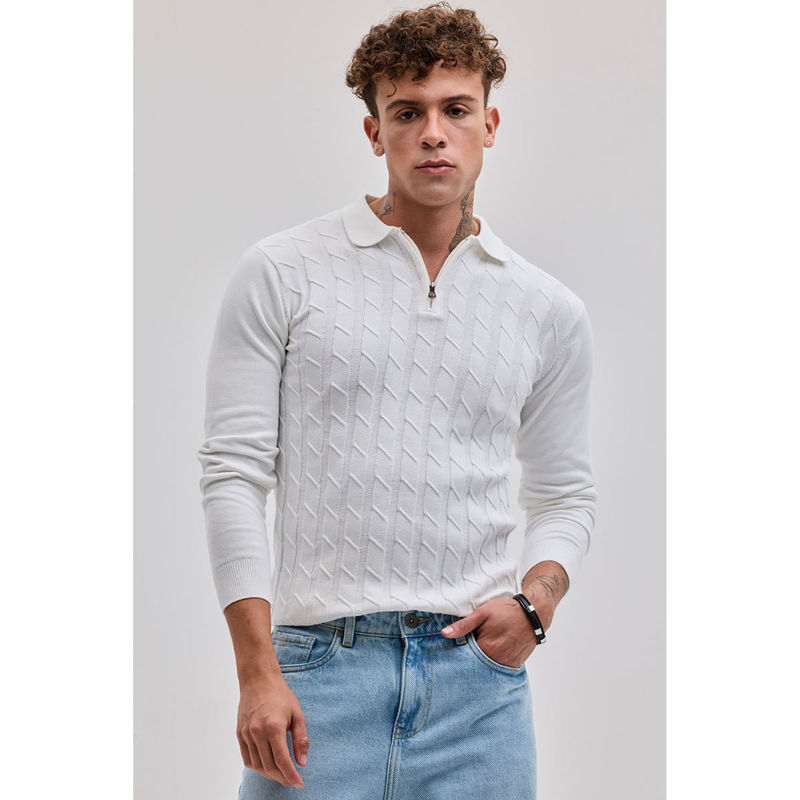 Snitch Men White Self Design Slim Fit Polo T-Shirt (S)