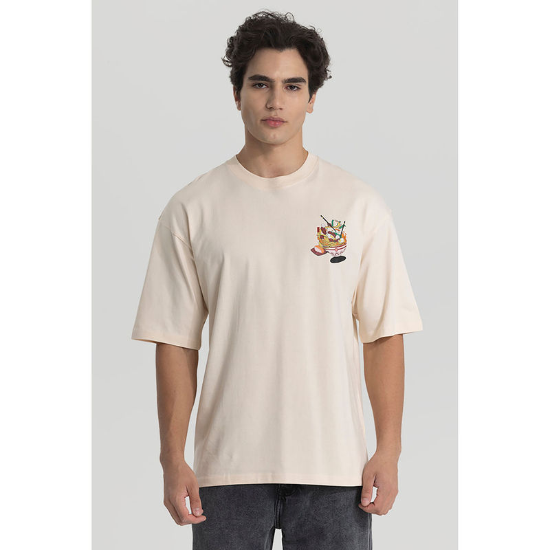 Snitch Men Cream Graphic Oversized Fit T-Shirt (M)
