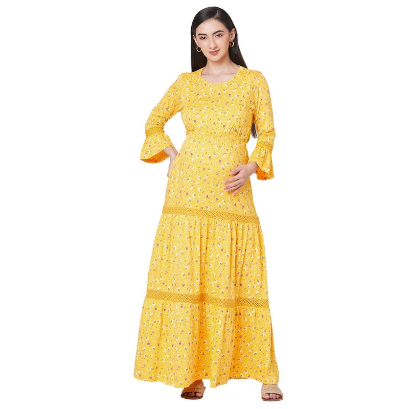Inner Sense Organic Cotton Full Length Maternity Nighty - Yellow (S)
